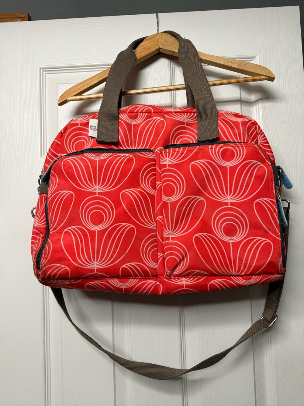 Red Orange Floral Tote Bag with Brown Straps - Orla Kiely Style